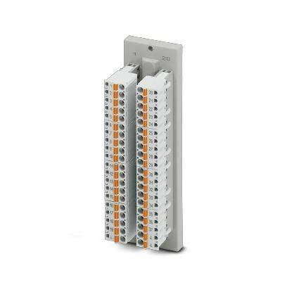 Industrielles Klemmleistenmodul mit zwei vertikalen Reihen nummerierter Schraubklemmen, die auf einer grauen Basis montiert sind.