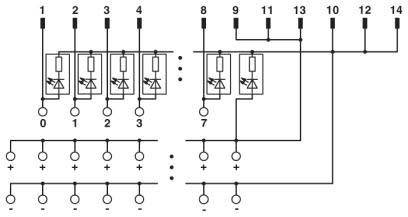 Eine schematische Darstellung der elektrischen Verbindungen mit beschrifteten Schaltern und Komponenten wie Widerständen und Dioden.