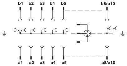Elektrisches Schaltkreisdiagramm mit fünf vertikalen Verbindungen, gekennzeichnet von a2 bis a5 und b2 bis b5, horizontal mit einem Transistorsymbol verbunden.