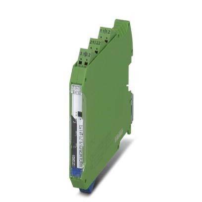 Ein grünes elektronisches Modul mit beschrifteten Anschlüssen und einem transparenten Gehäuse, das für industrielle Signalverarbeitung oder Steuerungssysteme verwendet wird.