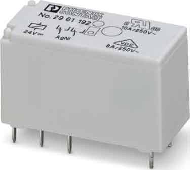Eine weiße elektronische Relaiskomponente mit Pins, bedruckt mit technischen Spezifikationen: '8A/250V', '24V', '1A/250V', '4V'.