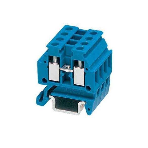 Blauer elektrischer Anschlussblock mit mehreren Anschlusspunkten, konzipiert zum sicheren Befestigen von Drähten, verwendet in elektrischen Systemen.