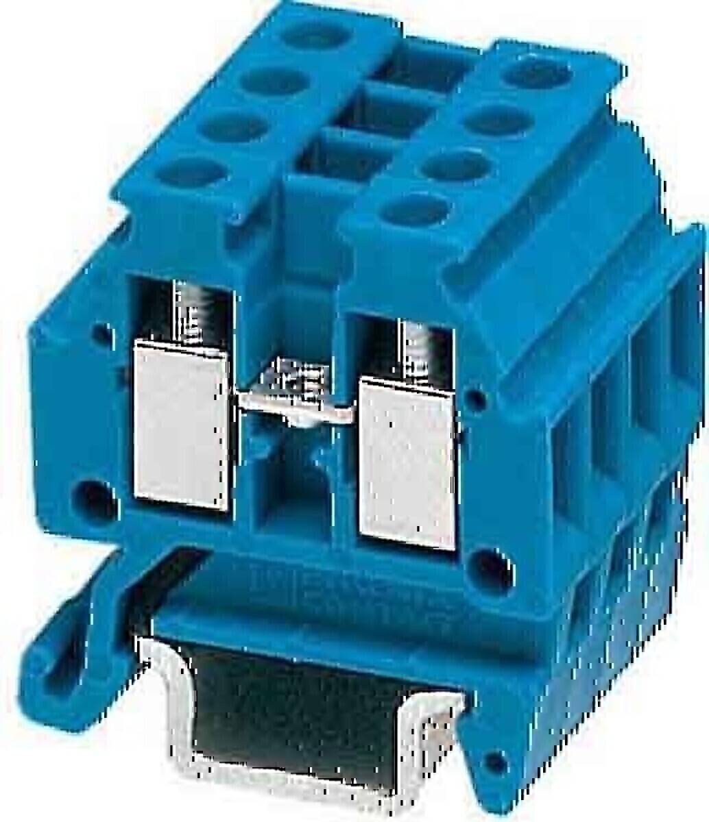 Ein blauer Klemmblock mit mehreren Anschlusspunkten und metallischen Klemmen ist abgebildet, der in der elektrischen Verkabelung zum Sichern und Organisieren von Kabeln verwendet wird.