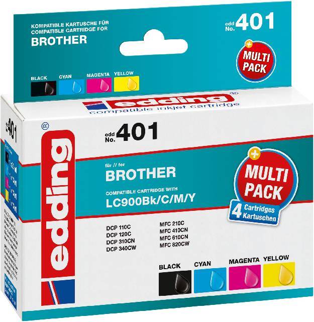 Edding 401 Multipack kompatible Brother Tintenpatronen, schwarz, cyan, magenta und gelb, für LC900Bk/C/M/Y Drucker.