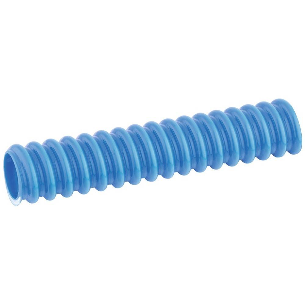 Ein blauer, flexibler gerippter Schlauch, horizontal liegend.