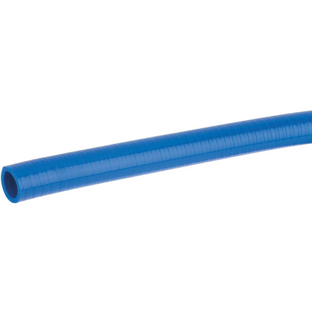 Ein blauer, flexibler gewellter Schlauch vor neutralem Hintergrund, vermutlich zur Belüftung oder zum Transport von Flüssigkeiten oder Gasen verwendet.