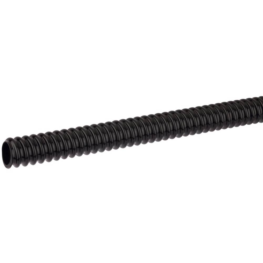 Ein schwarzes, welliges Kunststoffrohr, das im Profil vor weißem Hintergrund dargestellt ist.