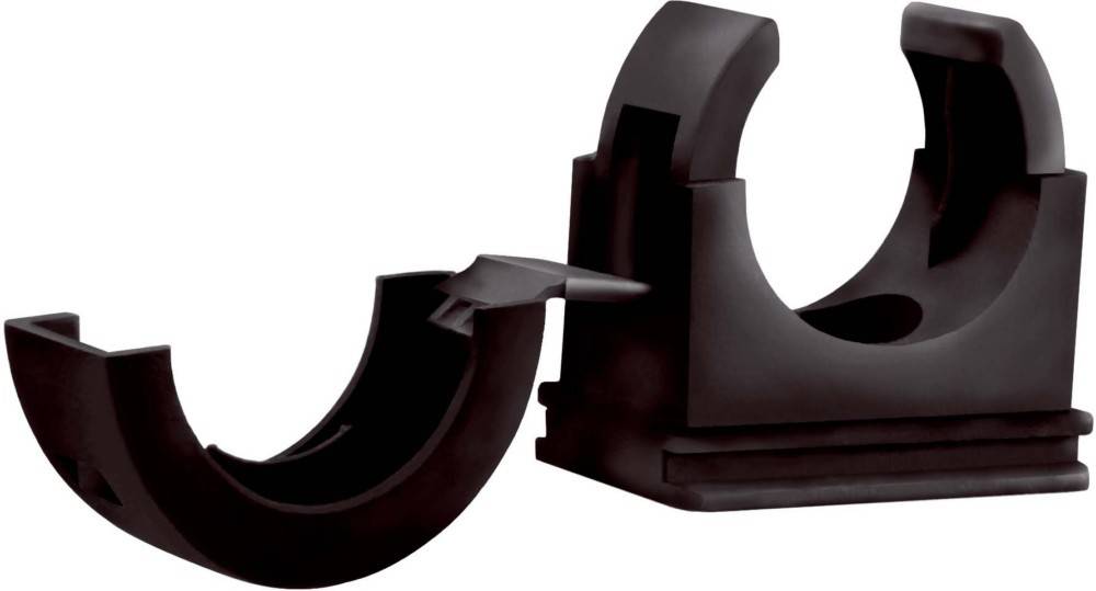 Ein schwarzer Plastik-Kabelclip mit einer zylindrischen Form und einem Klappverschluss zum Zusammenhalten von Kabeln oder Drähten.