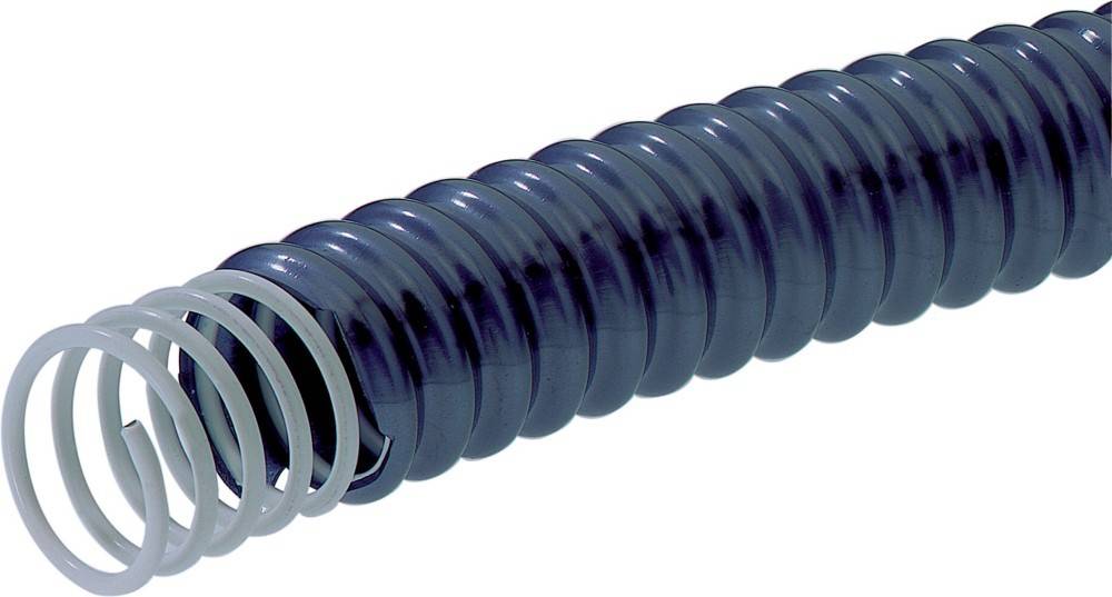 Eine Nahaufnahme eines schwarzen spiralförmig gewickelten Kabels mit mehreren freiliegenden weißen Drähten an einem Ende, die seine spiralförmige Textur und elektrische Verwendung hervorheben.