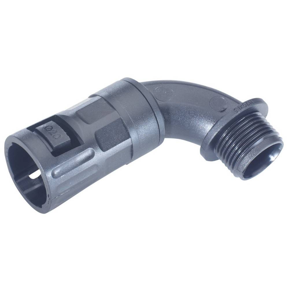 Ein schwarz-grauer Ellboggen-Rohrstutzen mit zylindrischem Körper und 90-Grad-Biegung, mit Gewinde- und glattem Ende zur Befestigung.