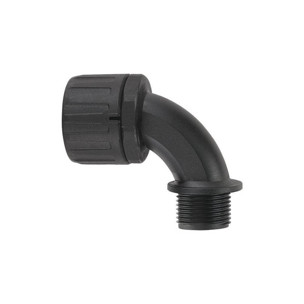 Ein schwarzes PVC-Rohrbogenstück mit Gewinde und gerippter Kappe zum Verbinden von Rohren in Sanitär- oder Bewässerungssystemen.