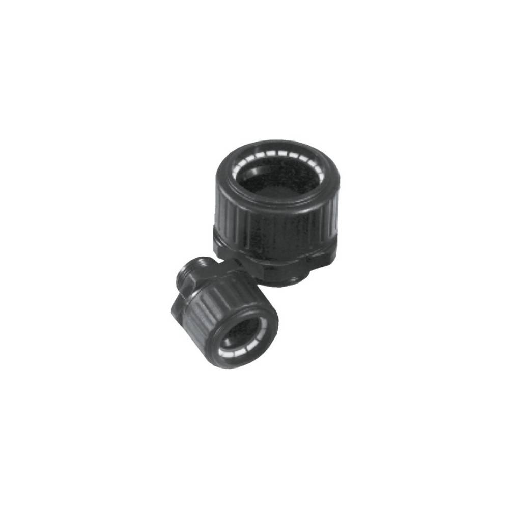 Eine schwarze Kunststoff-Schraubkappe und ein Adapter werden gezeigt, die wahrscheinlich zum Anschließen von Schläuchen oder Rohrleitungen in Sanitär- oder Gartenanwendungen verwendet werden.