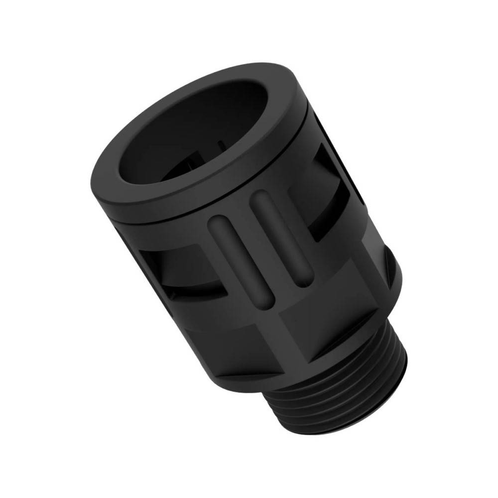 Ein schwarzer Kunststoff-Zylinderstecker mit Gewindelandesende, ausgelegt zur Befestigung an einem kompatiblen Gerät oder System.
