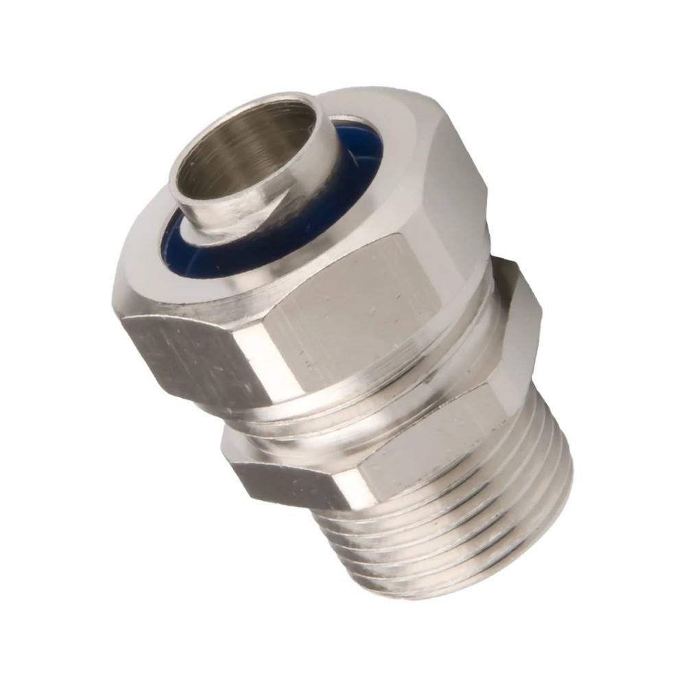 Ein metallischer Gewindeverbinder mit Sechskantmutter und glatter zylindrischer Endfläche, verwendet für Sanitär- oder Hydraulikanwendungen.