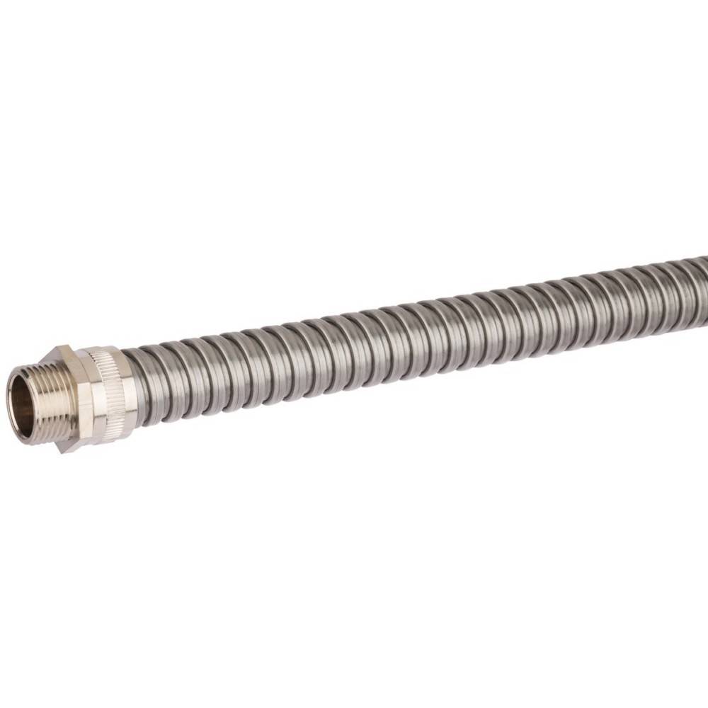 Ein flexibler Metallschlauch mit einem Gewindeverbinder, der für Sanitär- oder Gasanschlüsse verwendet wird. Der Schlauch hat ein gewelltes Design für Flexibilität.