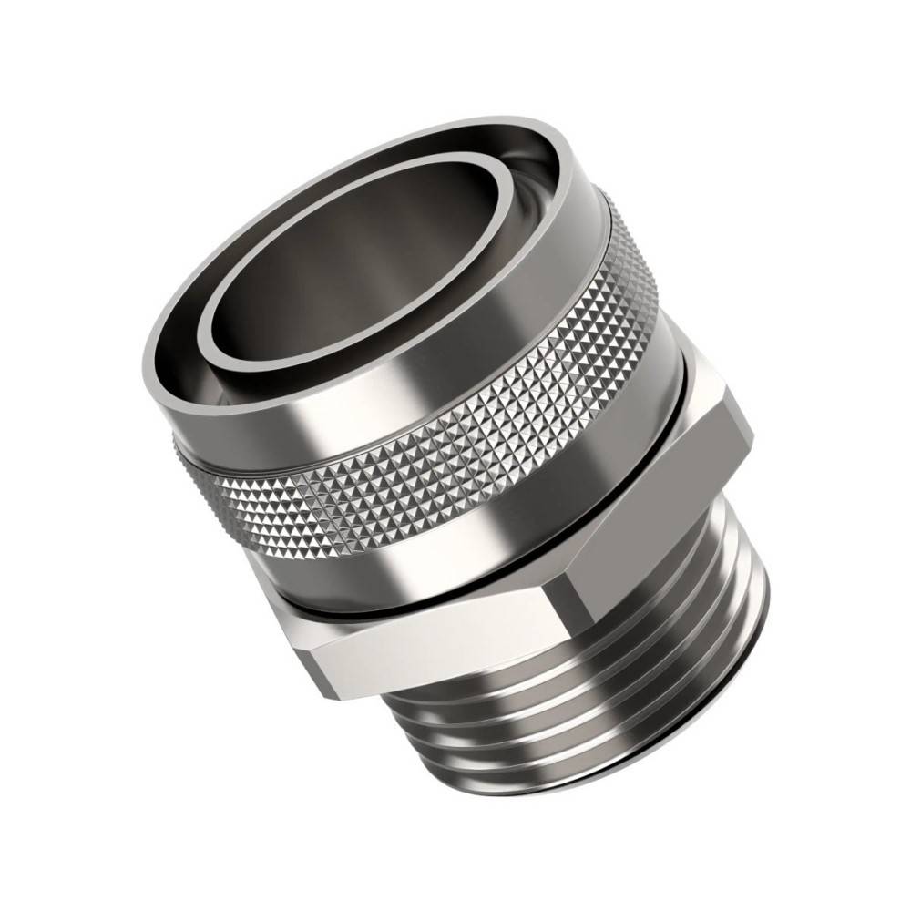 Ein Metallrohr-Gewindeverbinder mit strukturierter Griffoberfläche und glattem Innenring, entwickelt für sichere Sanitärverbindungen.