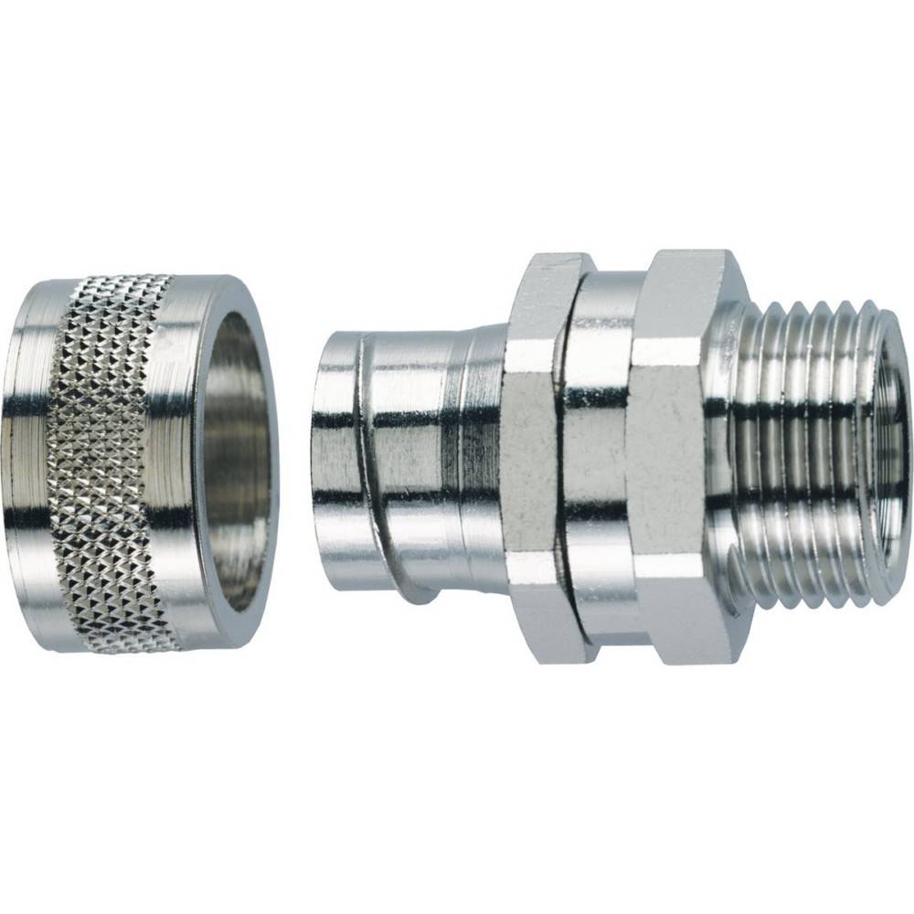 Metallschlauchverbinder mit Gewindeende und gerilltem Ring, verwendet zum Verbinden von Schläuchen oder Rohren, vor weißem Hintergrund.