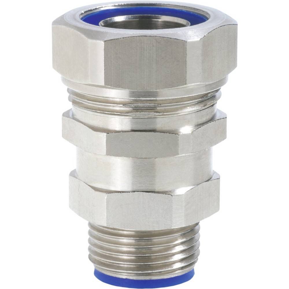 Eine Metallkupplung mit Gewinde an beiden Enden und blauer Dichtung, die zum Verbinden von Rohren oder Schläuchen in Flüssigkeitssystemen verwendet wird.