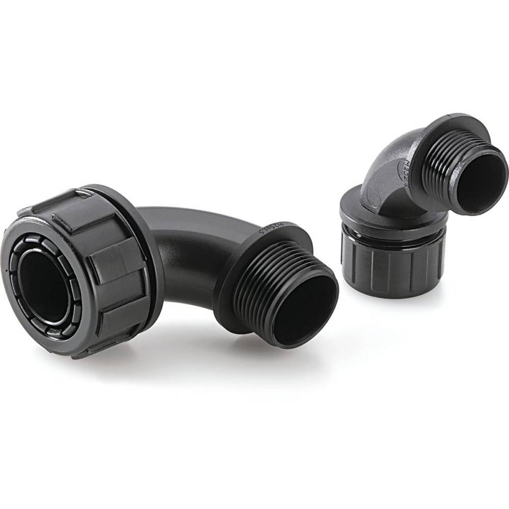 Zwei schwarze Kunststoff-Rohrbogenfittings mit Gewinde an den Enden, auf weißem Hintergrund positioniert, verwendet für Bewässerungs- oder Sanitärverbindungen.