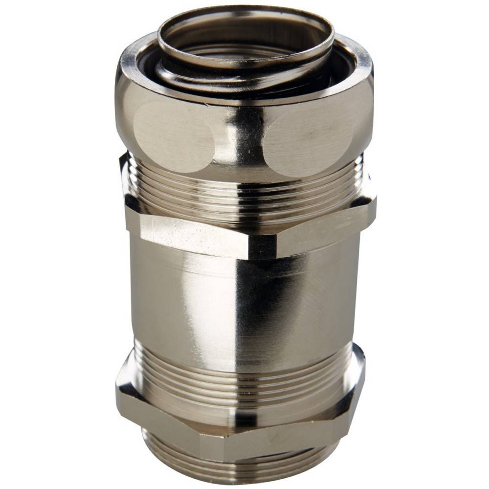 Ein Metallgelenkverschraubung in Nahaufnahme, die ihr Gewindedesign und ihre glänzende metallische Oberfläche hervorhebt.