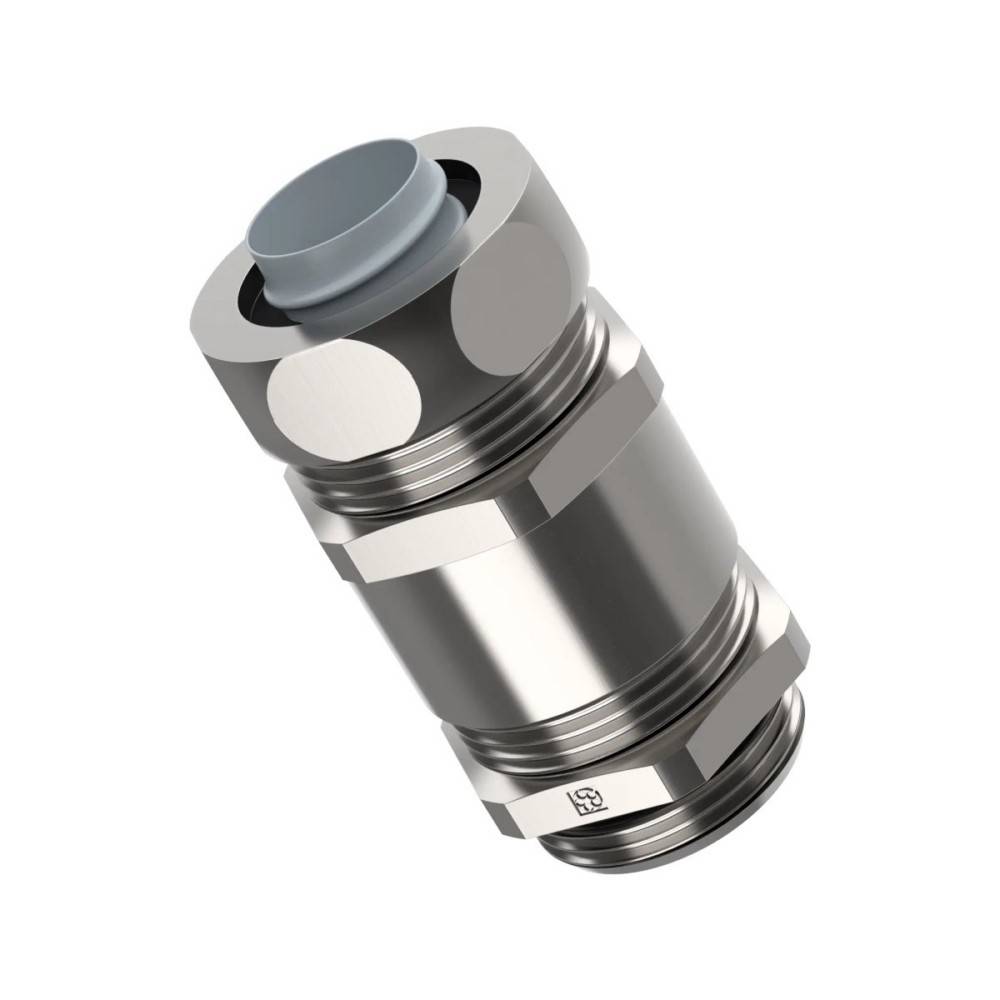 Ein metallischer zylindrischer Stecker mit grauer Kappe und Gewinden an den Enden, typischerweise verwendet für sichere Verbindungen in mechanischen oder Rohrleitungssystemen.