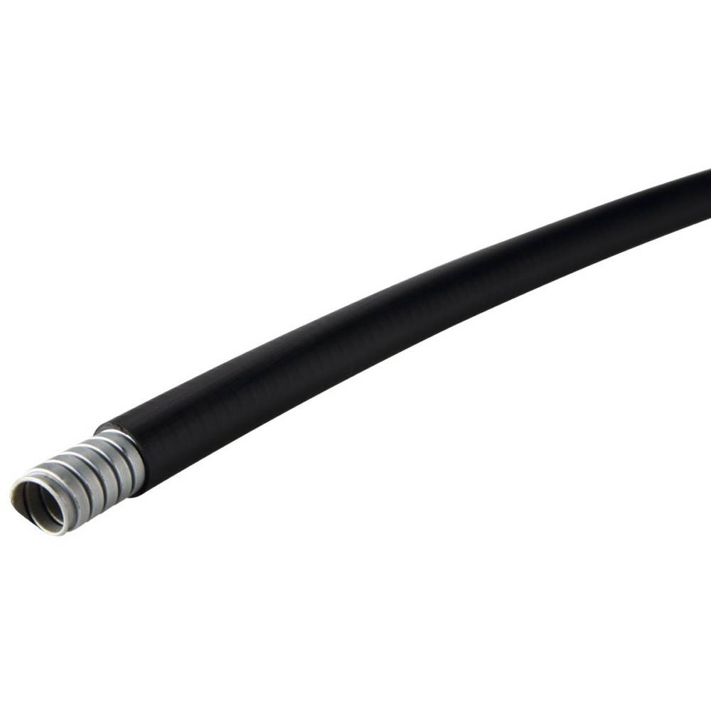 Ein schwarzes flexibles Rohrsystem mit metallischer Innenseite, das zum Schutz von elektrischen Leitungen oder Kabeln verwendet wird.