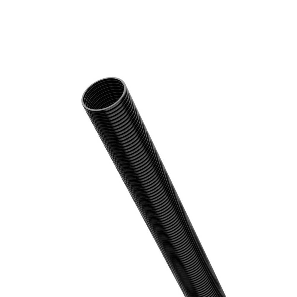 Ein schwarzes gewelltes Rohr mit glatter Innenseite, diagonal gegen einen weißen Hintergrund geneigt.