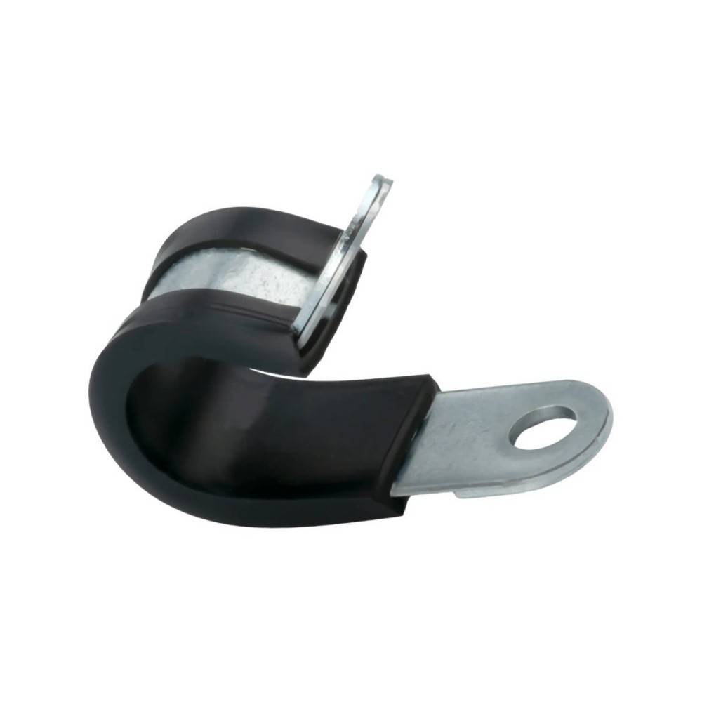 Eine Metallkabelklemme mit Gummibeschichtung, entwickelt zum Befestigen von Drähten oder Kabeln, mit einer Schlinge und einem Loch zur Montage.