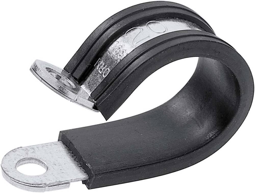 Eine Metallklemme mit Gummierung, die dazu dient, Kabel oder Rohre zu befestigen, mit je einer Befestigungsbohrung an jedem Ende.