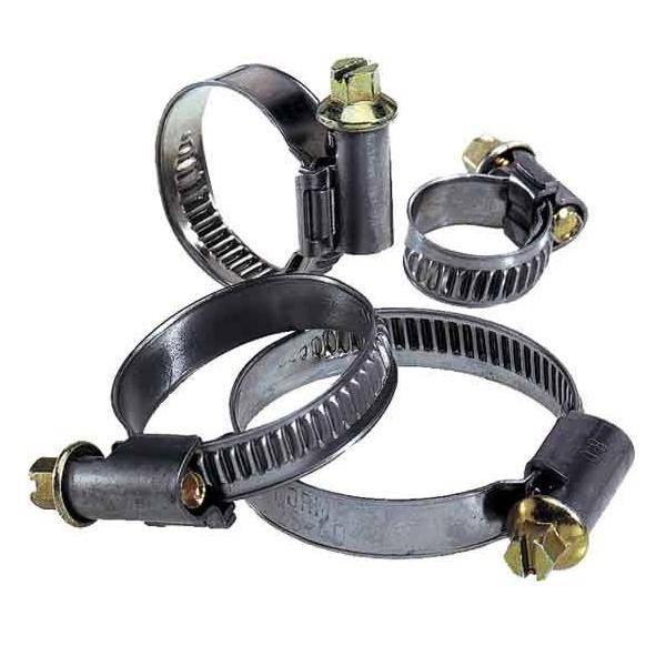 Fünf Metallschlauchschellen unterschiedlicher Größen sind auf einem weißen Hintergrund angeordnet, jede mit einem Schraubmechanismus zur Einstellung der Spannung.