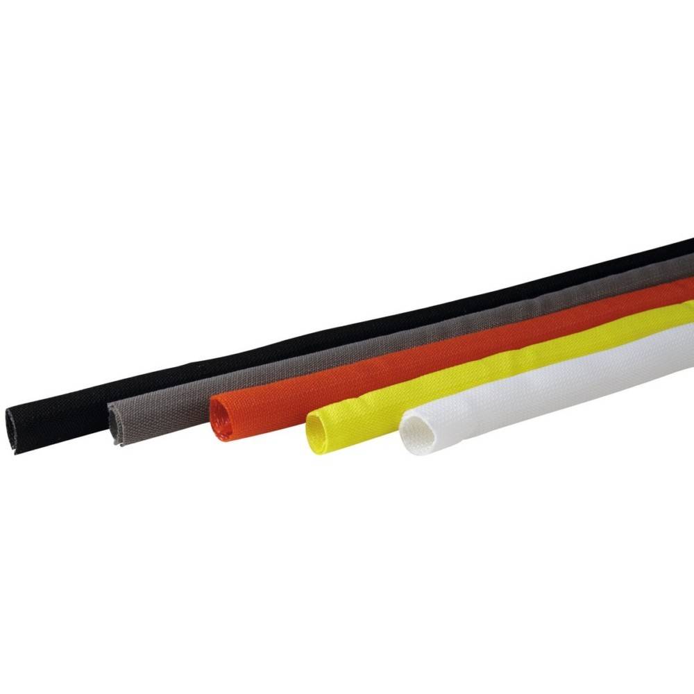 Mehrfarbige geflochtene Kabelschläuche, horizontal angeordnet, mit verschiedenen Farben: schwarz, grau, rot, gelb und weiß.