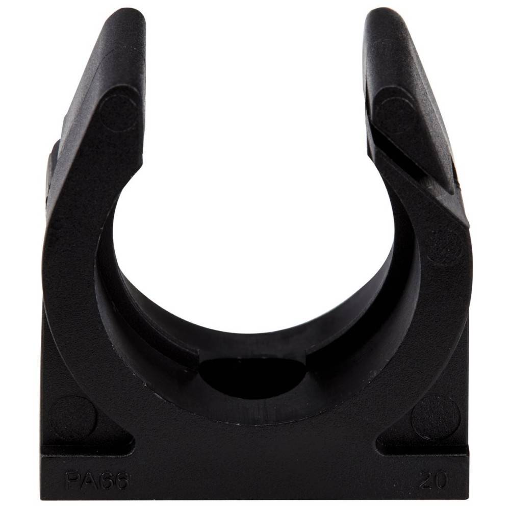 Eine schwarze Kunststoff-U-förmige Rohrschelle mit kreisförmiger Öffnung, die zum Befestigen von Rohren oder Kabeln verwendet wird, von vorne betrachtet.