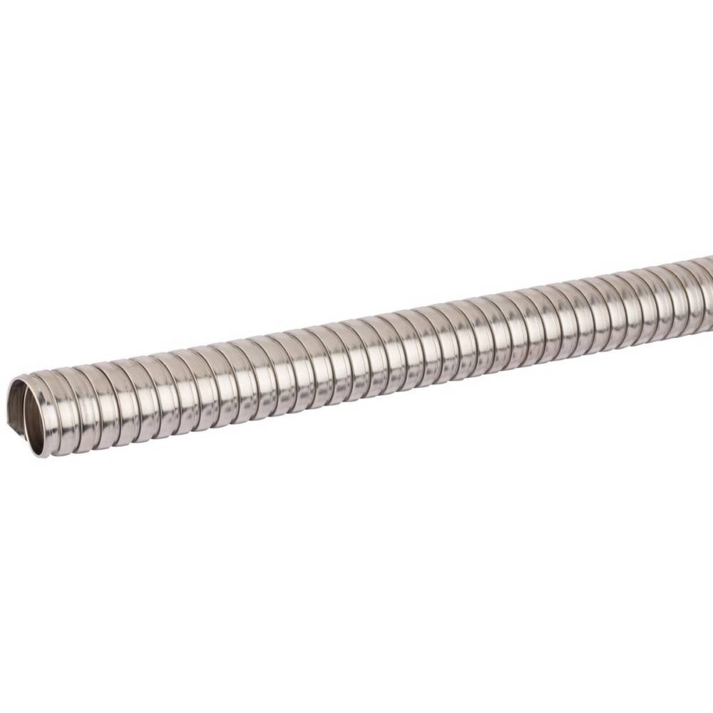 Ein metallischer, flexibler Schlauch mit parallel verlaufenden Rillen entlang seiner Länge, typischerweise zur Schutzung von Elektroleitungen oder Kabeln verwendet.