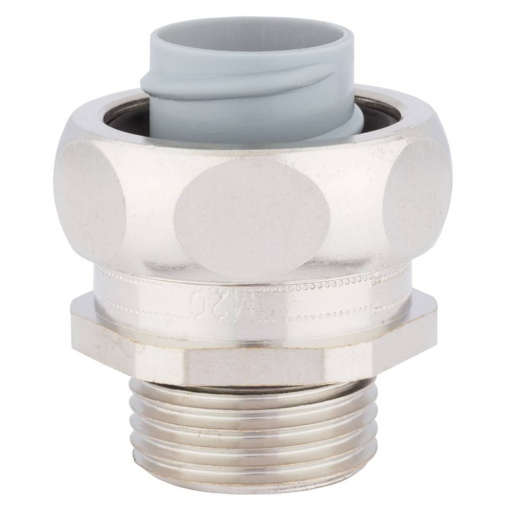 Ein Metallklempner-Fitting mit gewinde Basis und einer hellgrauen inneren Dichtung, das zum sicheren Verbinden von Rohren verwendet wird.