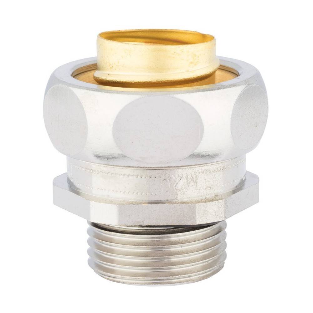 Eine Messingkabelgarnitur mit Nickelplattierung, einem Gewinde und kreisförmigen Nuten, die dazu dient, Stromkabel an ihrem Platz zu sichern.