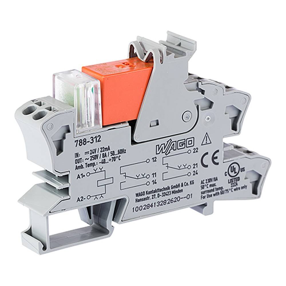 WAGO 788-312 Relaismodul mit aufgedruckten Spezifikationen, konzipiert für 24V/230V-Schaltkreise und zur Unterstützung von Automatisierungs- und Steuerungsanwendungen.