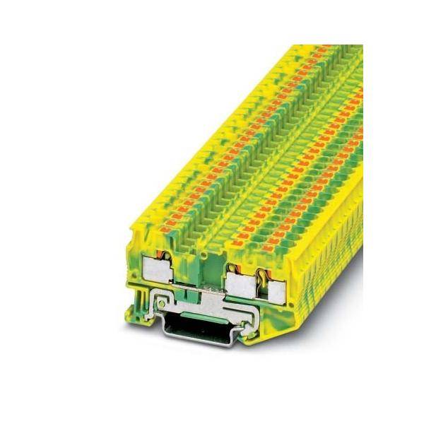 Nahaufnahme eines gelben und grünen elektronischen Moduls mit freiliegenden Anschlüssen und einem sichtbaren Steckplatz, verwendet in industriellen Anwendungen.