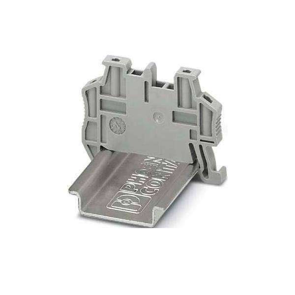 Eine graue, Kunststoff-DIN-Schienenklemme mit sichtbarem Markenlogo, die zur Befestigung von Komponenten in elektrischen Schaltschränken verwendet wird.