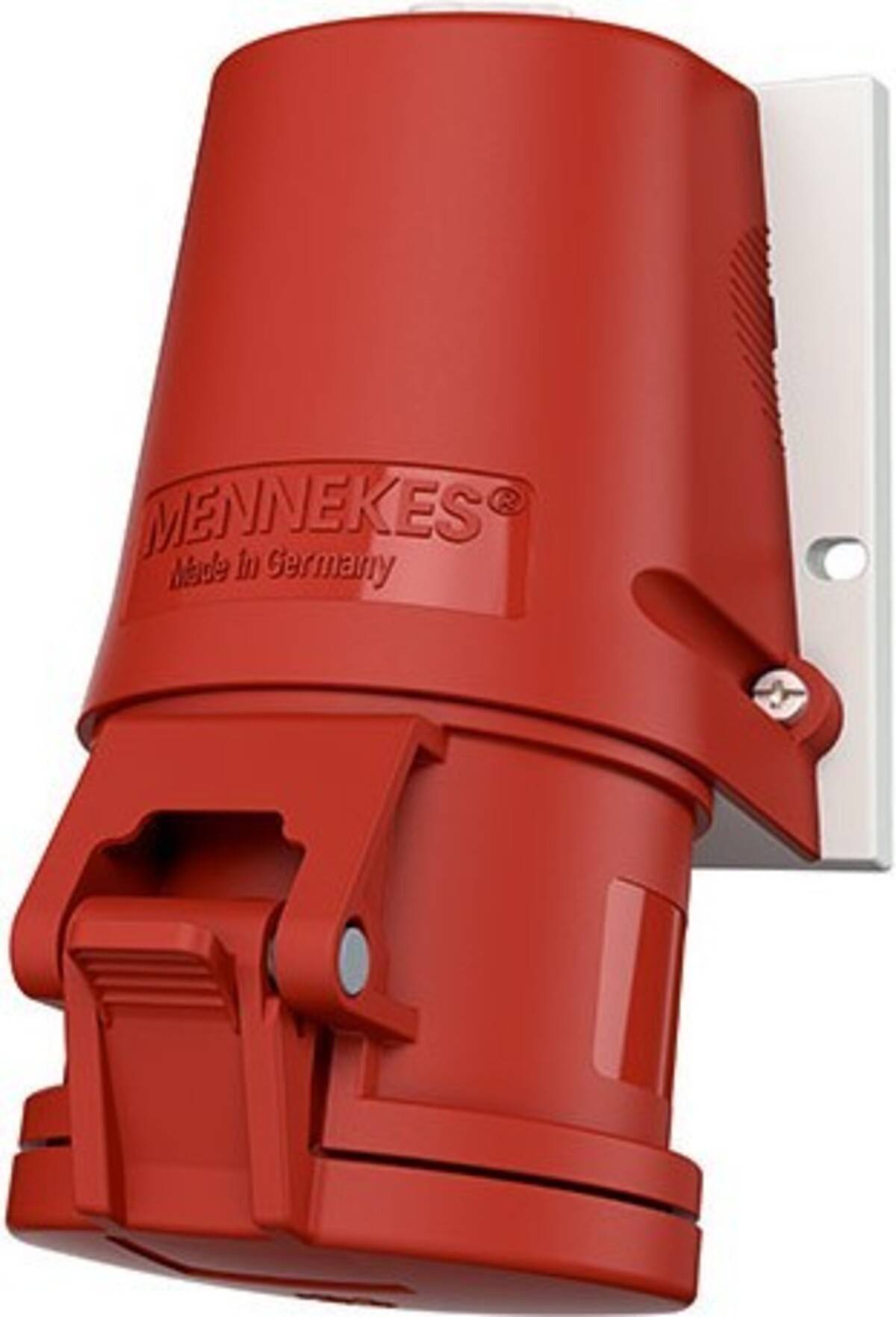 Rote industrielle elektrische Wandsteckdose mit Klappdeckel, gekennzeichnet mit „MENNEKES Made in Germany