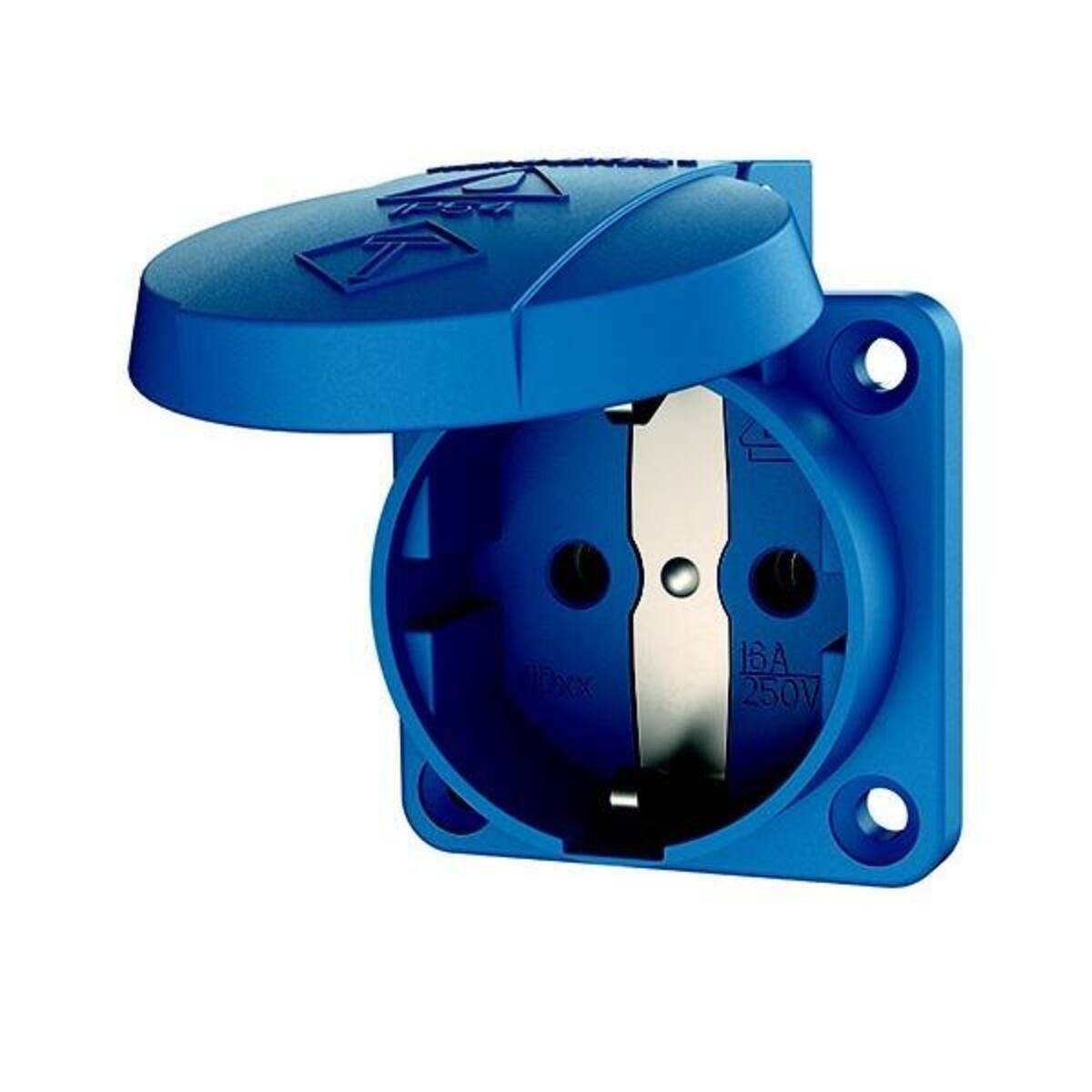 Blaue Steckdose mit Abdeckung. Europäischer Stil, ausgelegt für bis zu 16A, 250V. Die Abdeckung verfügt über ein Pfeilsymbol für die Öffnungsrichtung.