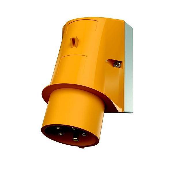 Seitenansicht eines orangefarbenen industriellen elektrischen Steckers mit einem zylindrischen Anschluss und mehreren Pins, entwickelt für robuste Stromverbindungen.