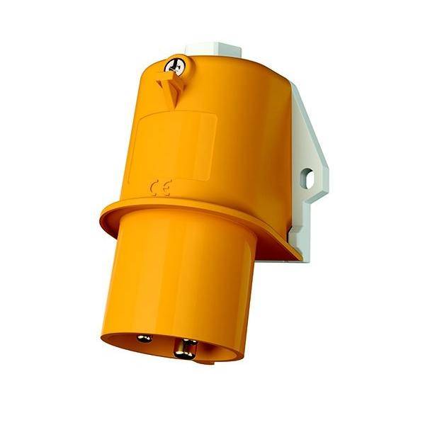 Ein orangefarbener elektrischer Stecker mit zwei Kontakten und einer montierbaren Rückplatte.