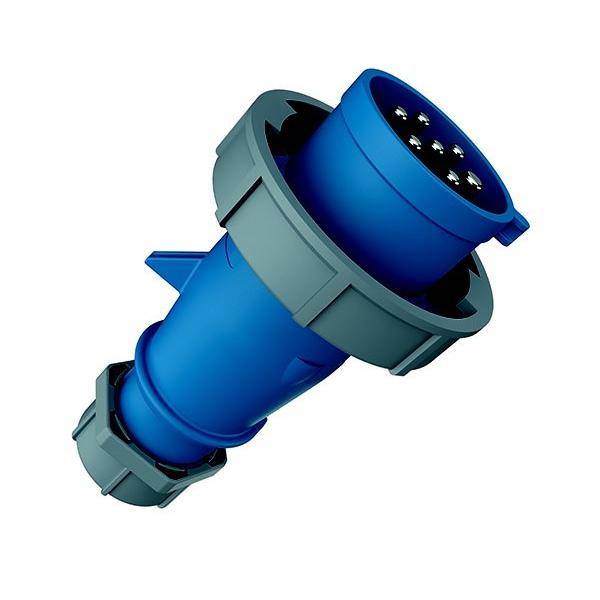 Ein blauer industrieller elektrischer Stecker mit mehreren Kontakten, umgeben von einem grauen Schutzgehäuse.