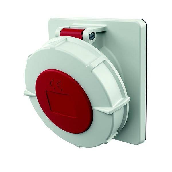 Wetterfeste Elektrosteckdosenabdeckung mit rotem Verschluss, entwickelt zum Schutz von Außenstromsteckdosen vor Regen und Schmutz.