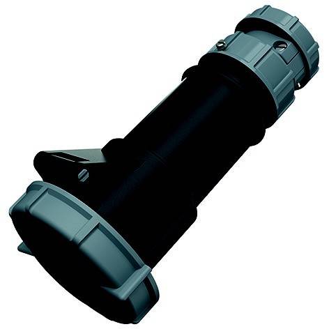 Ein schwarzer zylindrischer Industriestecker oder Rohrverbinder mit grauen Verriegelungsenden, gezeigt auf weißem Hintergrund.