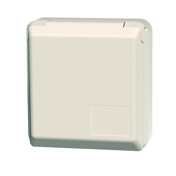 Eine quadratische, weiße Kunststoffgehäuse mit glatten Kanten und einem Deckel oben, wahrscheinlich verwendet für die Unterbringung von elektrischen Komponenten oder Verbindungen.
