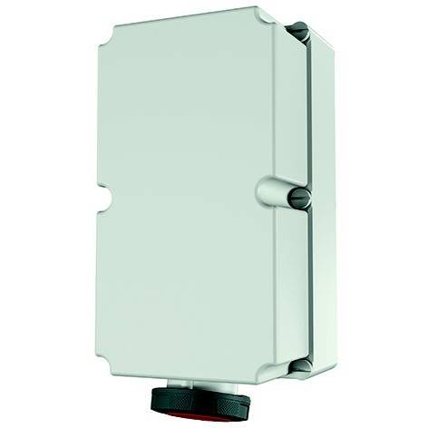 Hellgrünes rechteckiges Elektrogerätegehäuse in Mintfarbe mit seitlichen Scharnierverriegelungen und einer schwarzen Kabelverschraubung am unteren Ende.