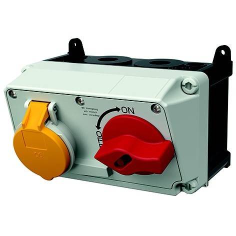 Industrieller Elektroschalterkasten mit gelben und roten Drehgriffen, der EIN/AUS-Positionen anzeigt.