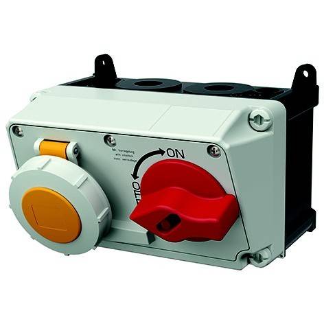 Industrieller elektrischer Schaltkasten mit rotem Drehschalter für Ein-/Ausschalten, gelbem Abdeckknopf und schwarzer Montagebasis auf weißem Hintergrund.