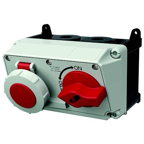 Industrielle elektrische Schaltanlage mit rotem Notausschalter und rotem EIN/AUS-Drehschalter auf weißem Gehäuse.